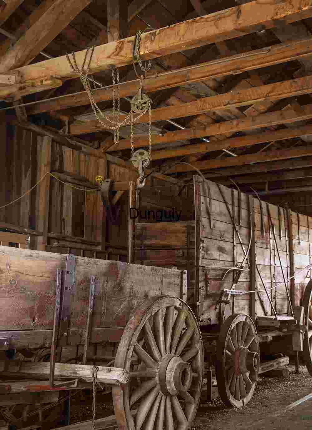 Giant_ore_truck_block_and_chain_Bodie_ghost_town Vintage Wooden Wagon in Rustic Barn