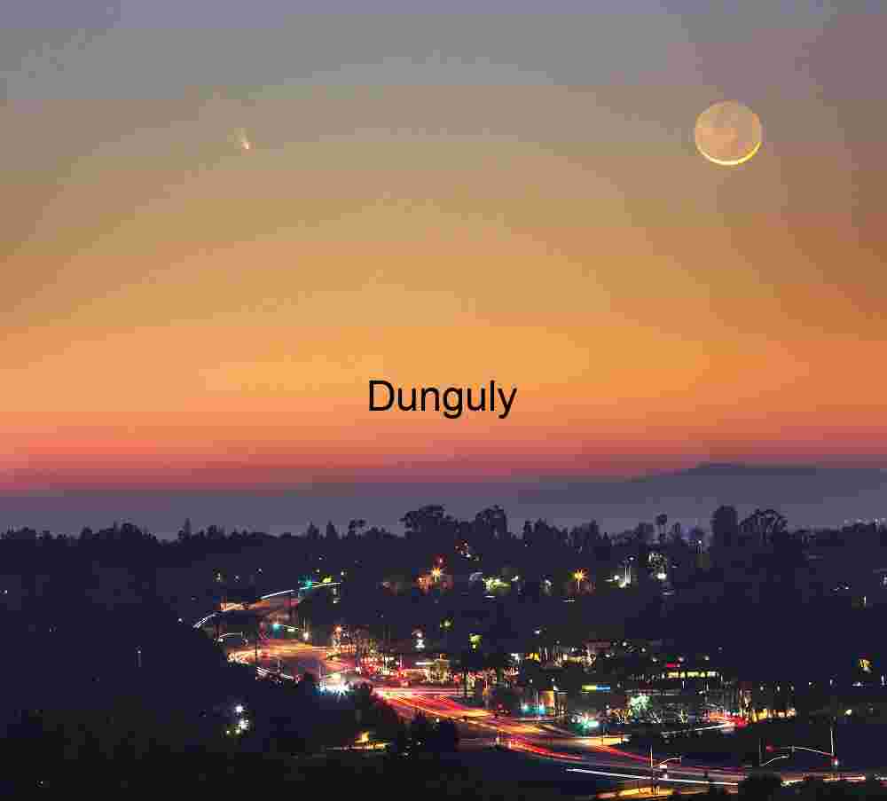 Comet PanSTARRS and new moon over Bison Ave. Twilight Cityscape with Crescent Moon and Comet