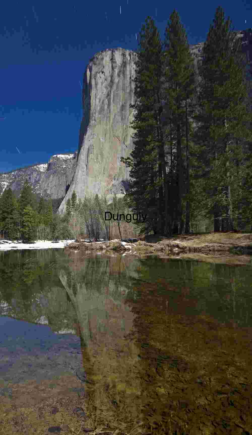 El Cap, reflection in, Merced, River by, moonlight El Cap, reflection in, Merced, River by, moonlight | Yosemite Valley - Majestic Vertical View