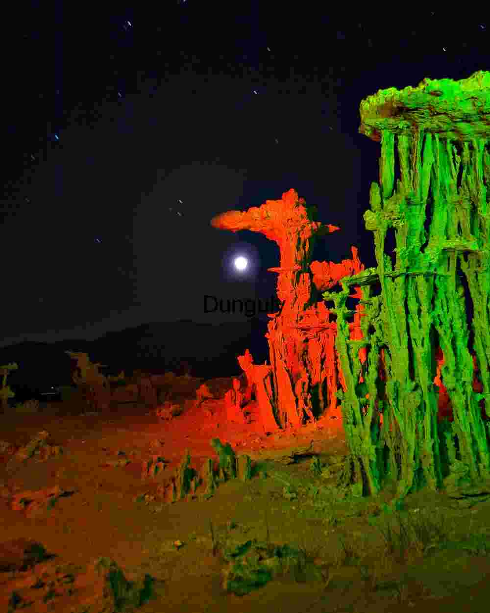 Mono Lake, Sand tufa moonset-2 Moonlit Desert Formations with Red and Green Illumination