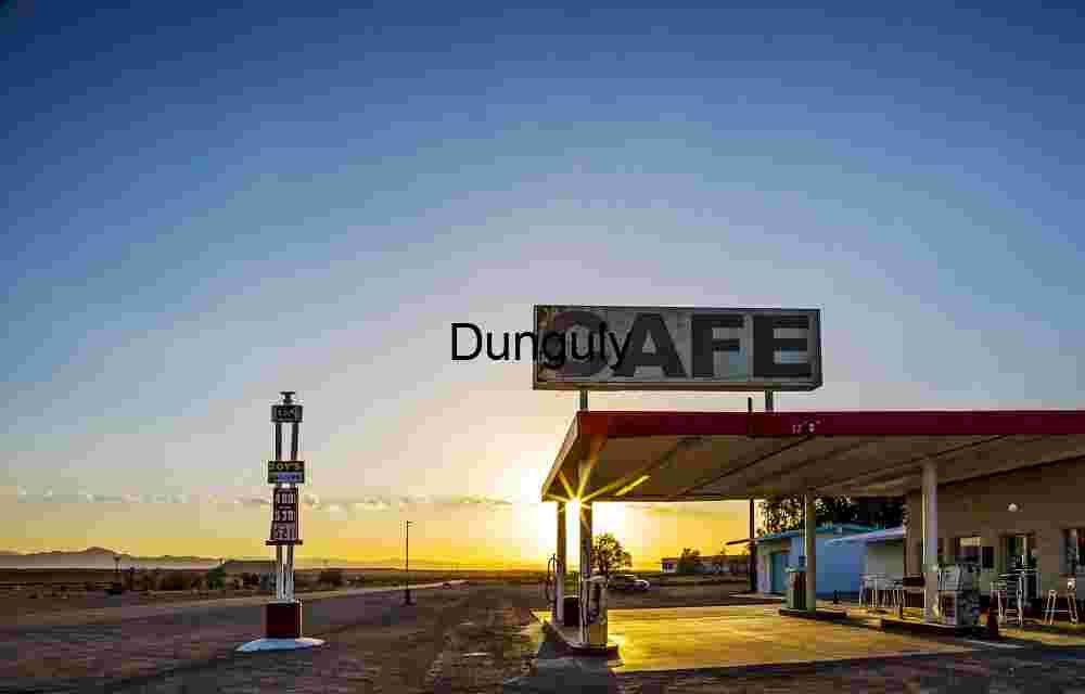 Roy's cafe at sunset- Amboy, Route 66 Sunset Glow Over Desert Café and Gas Station in Remote Landscape