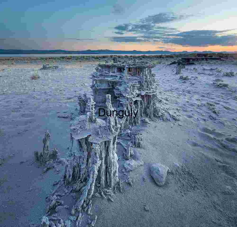 Sand tufa by pre-sunrise light, Mono Lake Weathered Tufa Towers in Desert Twilight at Mono Lake