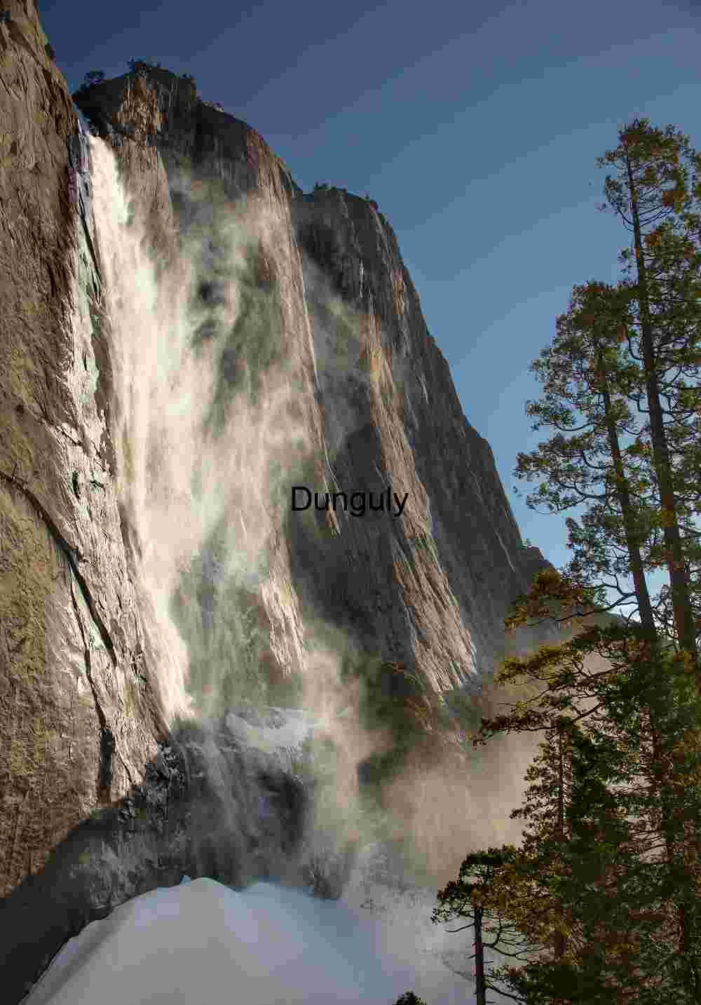 Side-light, on upper, Yosemite Fall Dramatic Sidelight on Upper Yosemite Fall and Granite Wall