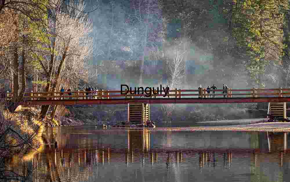 Swinging bridge, at, last light, with mist, Yosemite National Park Swinging Bridge at Sunset, Mist & People, Yosemite Park