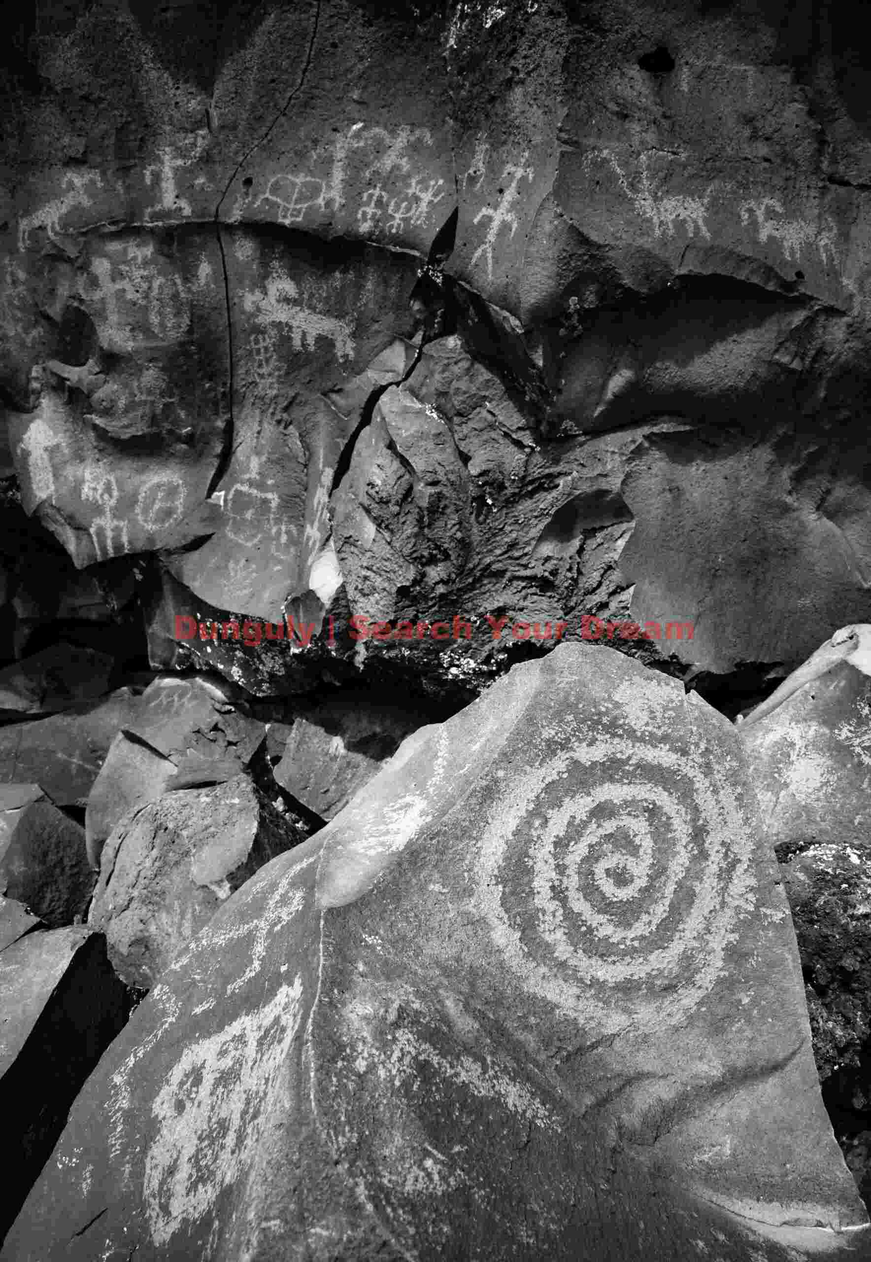 Spiral petroglyph in b-w; Nampaweap Spiral Petroglyph in Black and White at Nampaweap