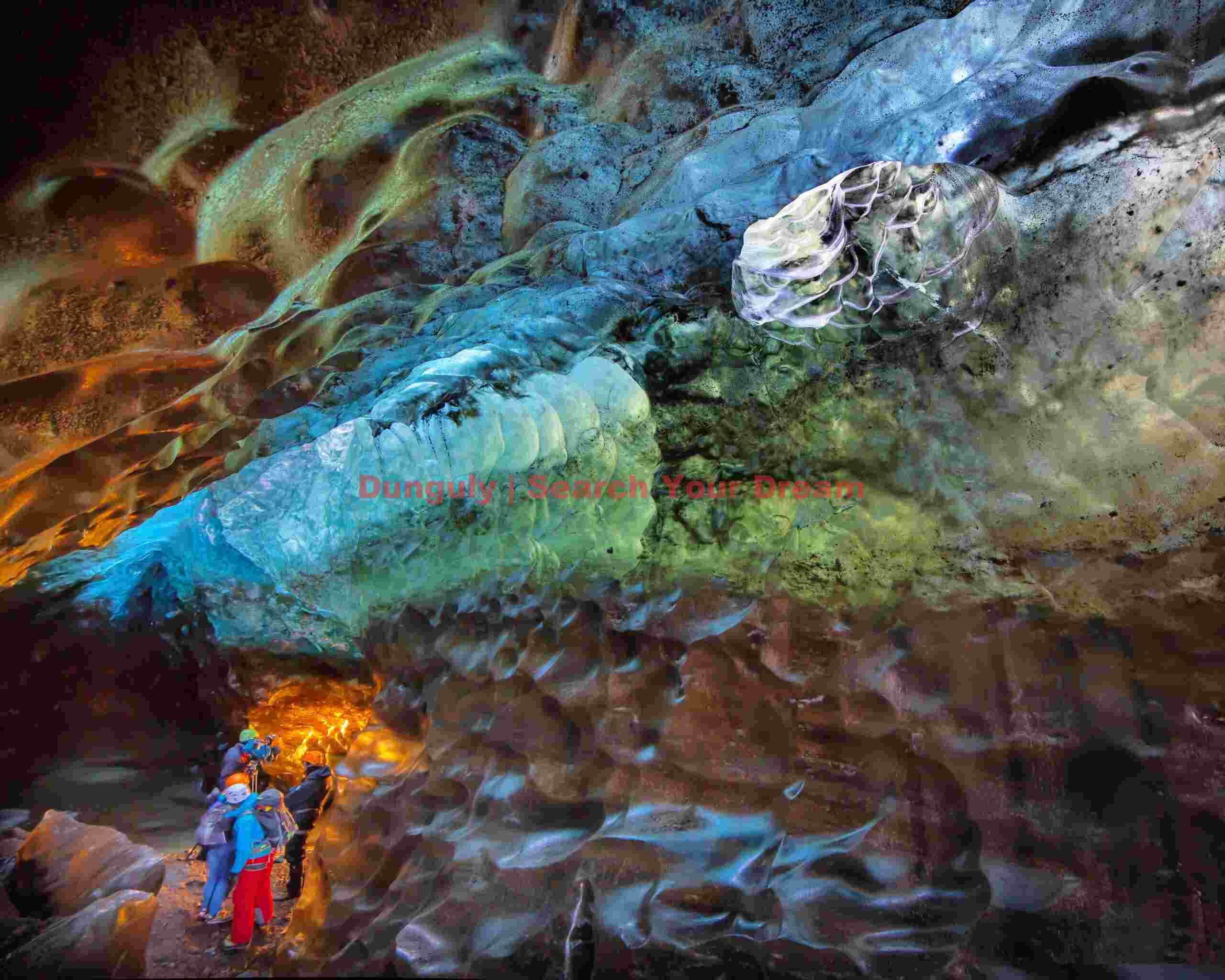 Surreal ice formations, Golden ice cave, Vatnajokull, Iceland Glacial Ice Formation at Surreal ice formations, Golden ice cave, Vatnajokull, Iceland