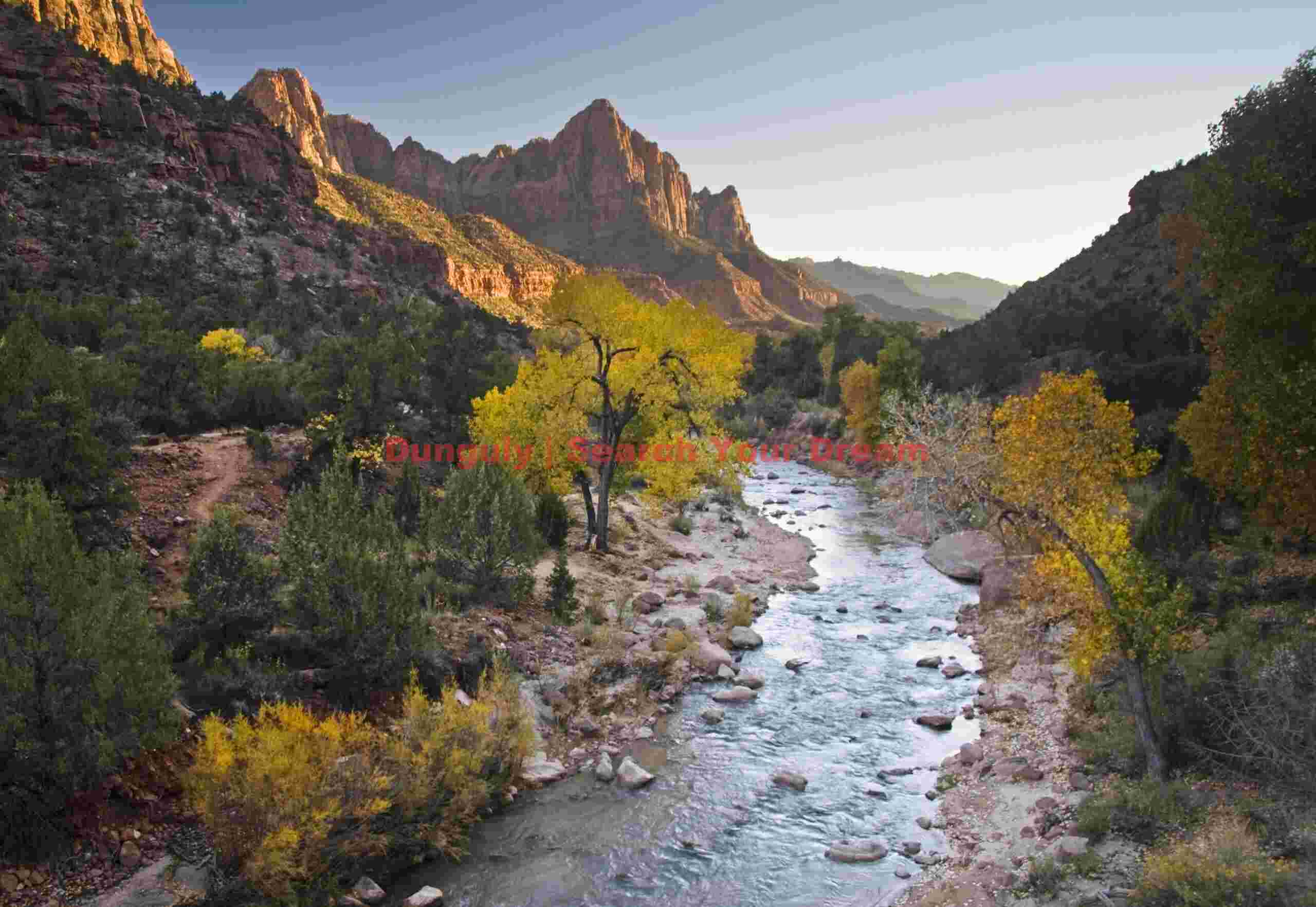 Watchman and Virging River, Fall sunset, Zion Natl. Park, Utah The Watchman at Sunset with Virgin River Reflections