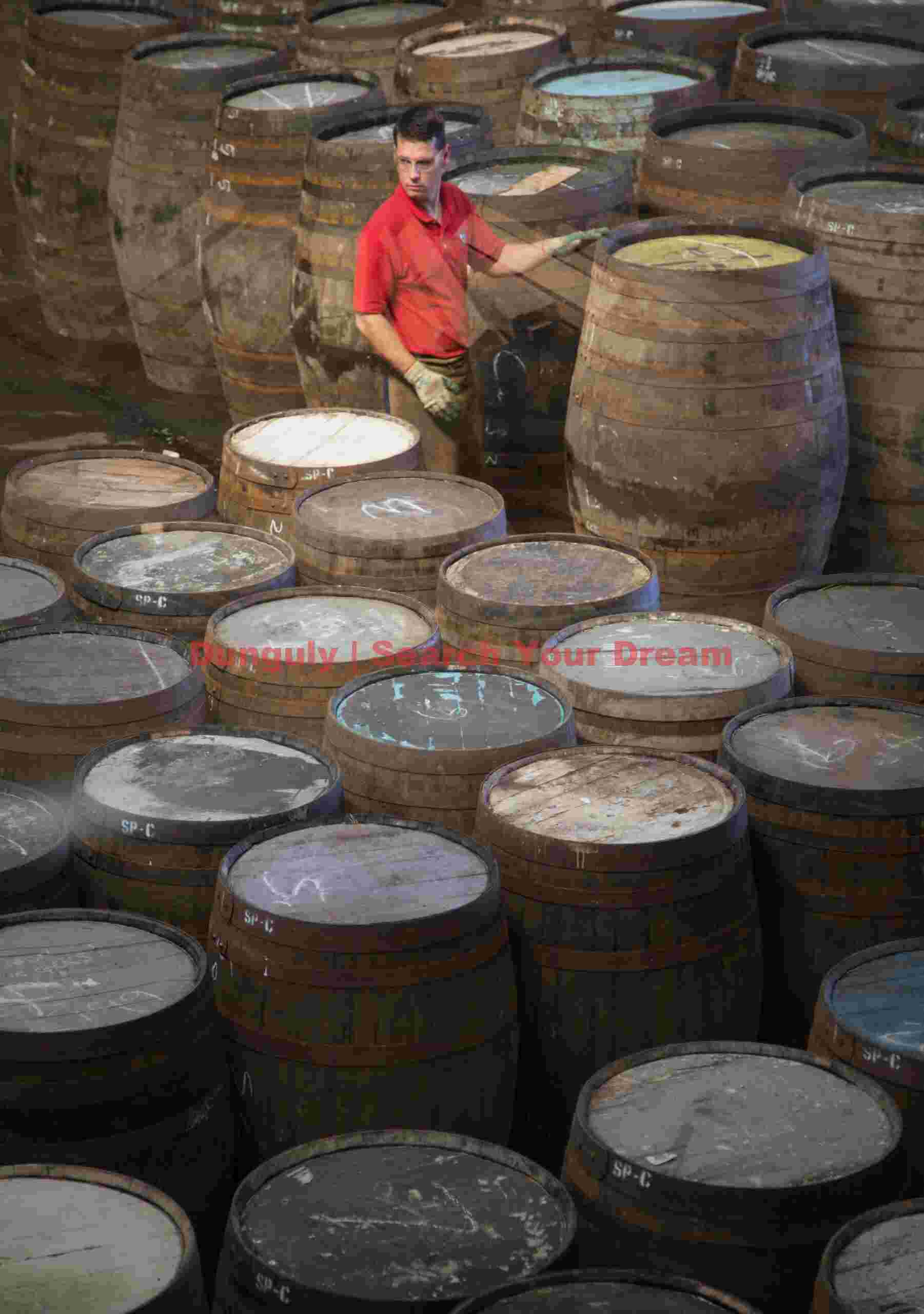 Among repaired barrels; Speyside Cooperage Among repaired barrels
