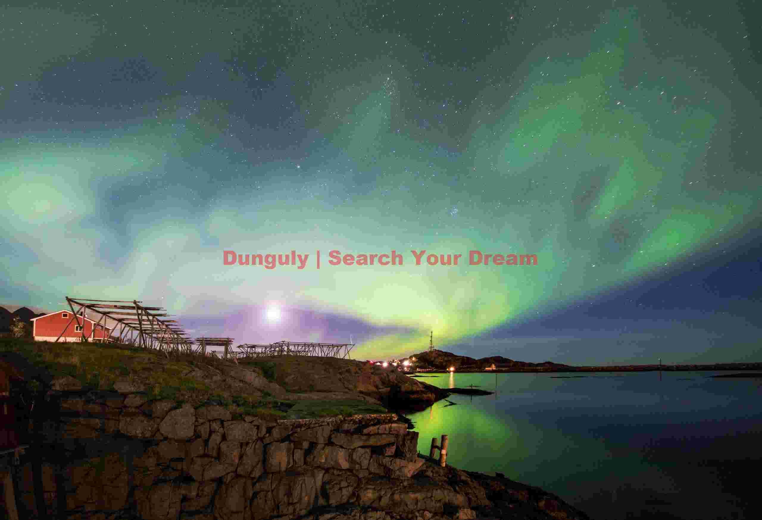 Aurora and moonrise over fish drying racks; Tind, Lofoten Islands, Norway Aurora and moonrise over fish drying racks