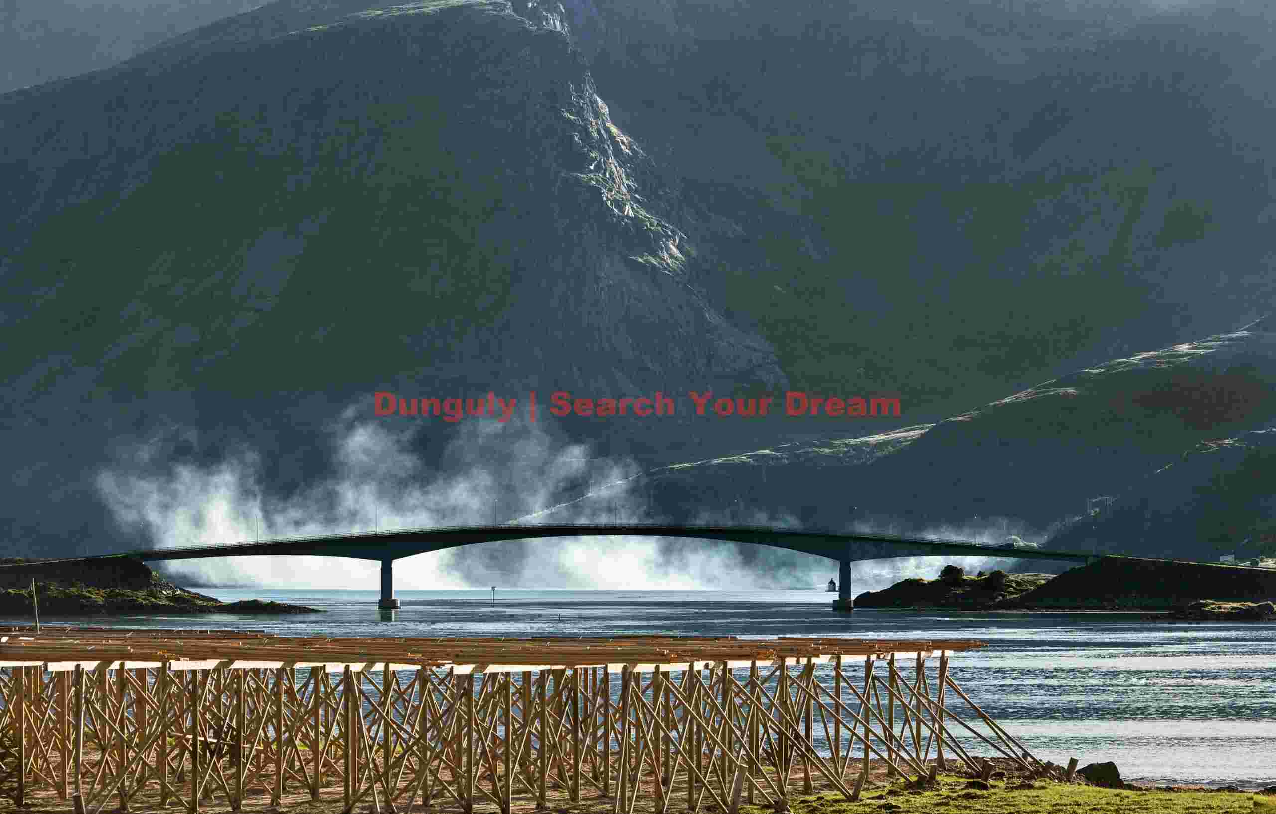 Stockfish drying rack and bridge to Fredvang; Moskenesøya, Lofoten Islands, Arctic Norway Stockfish drying rack and bridge to Fredvang