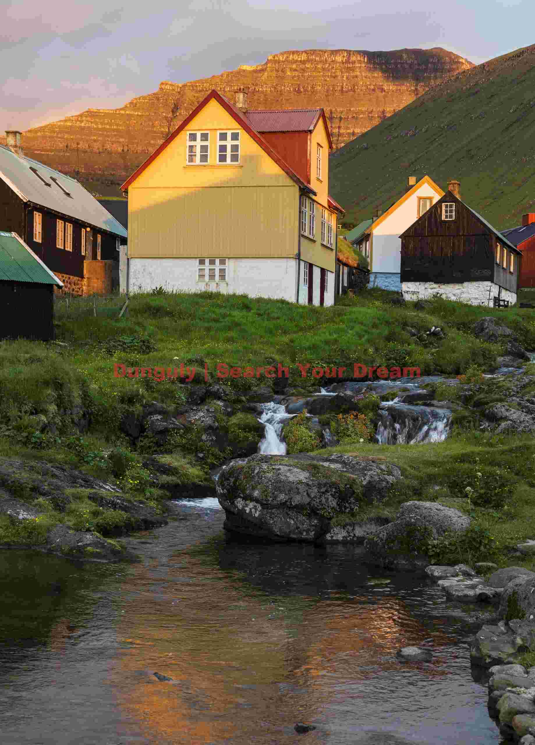Stream running through the village; Gjógv, sunrise, Faroe Islands Stream running through the village