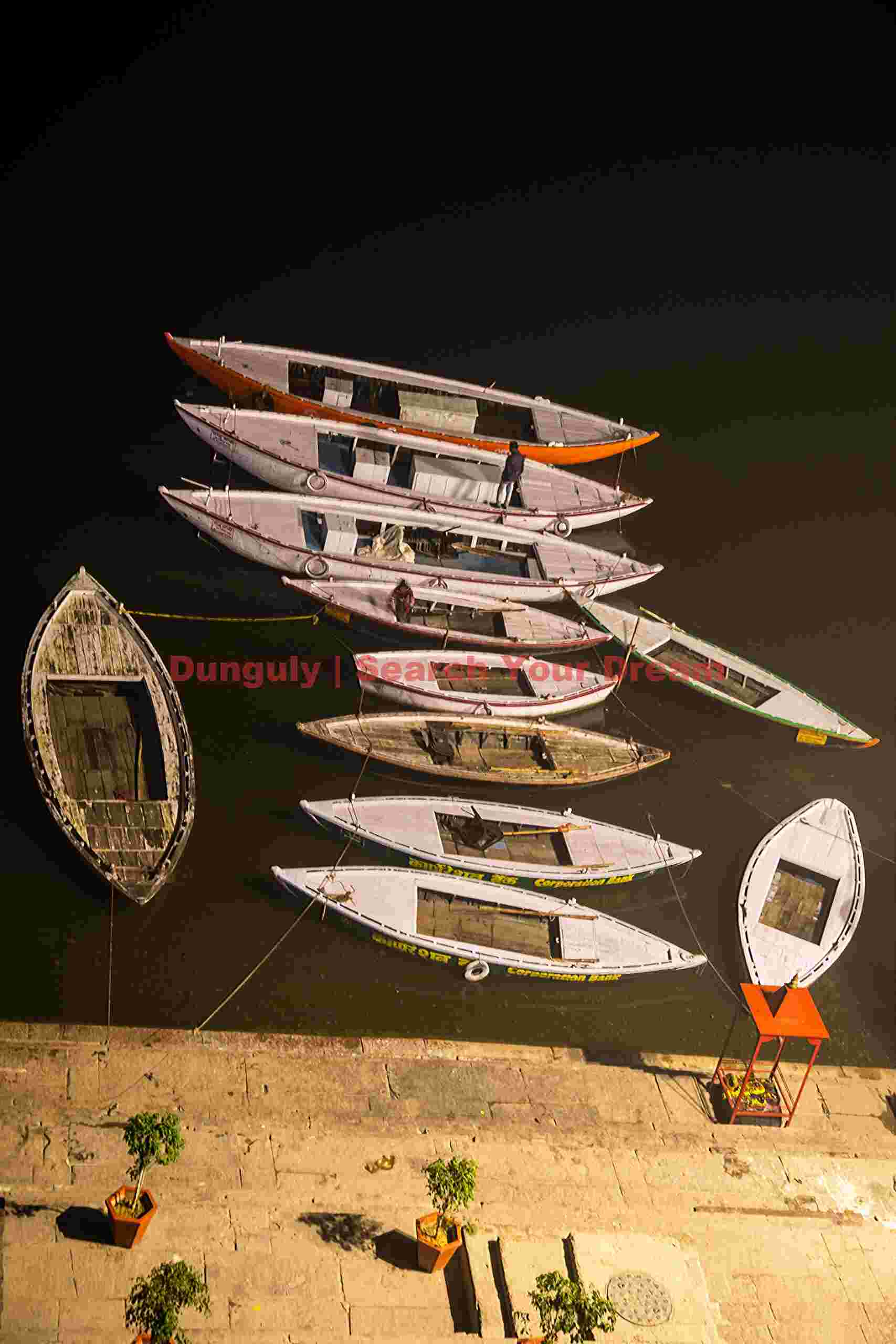 Boat stack before dawn; Varanasi Boat stack before dawn