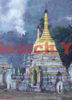 Golden stupa against smoke from hill fires