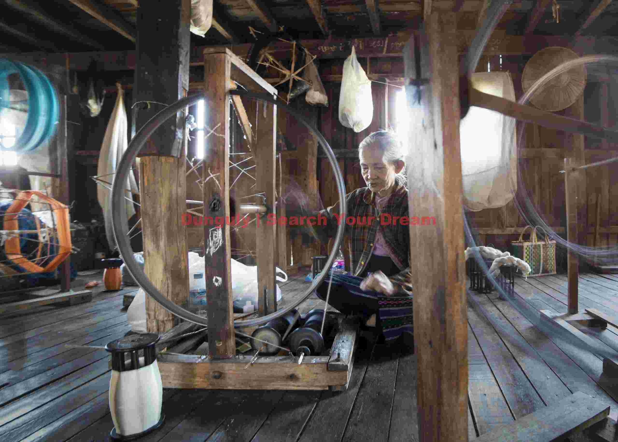 Old lady spinning silk; Burma Old lady spinning silk
