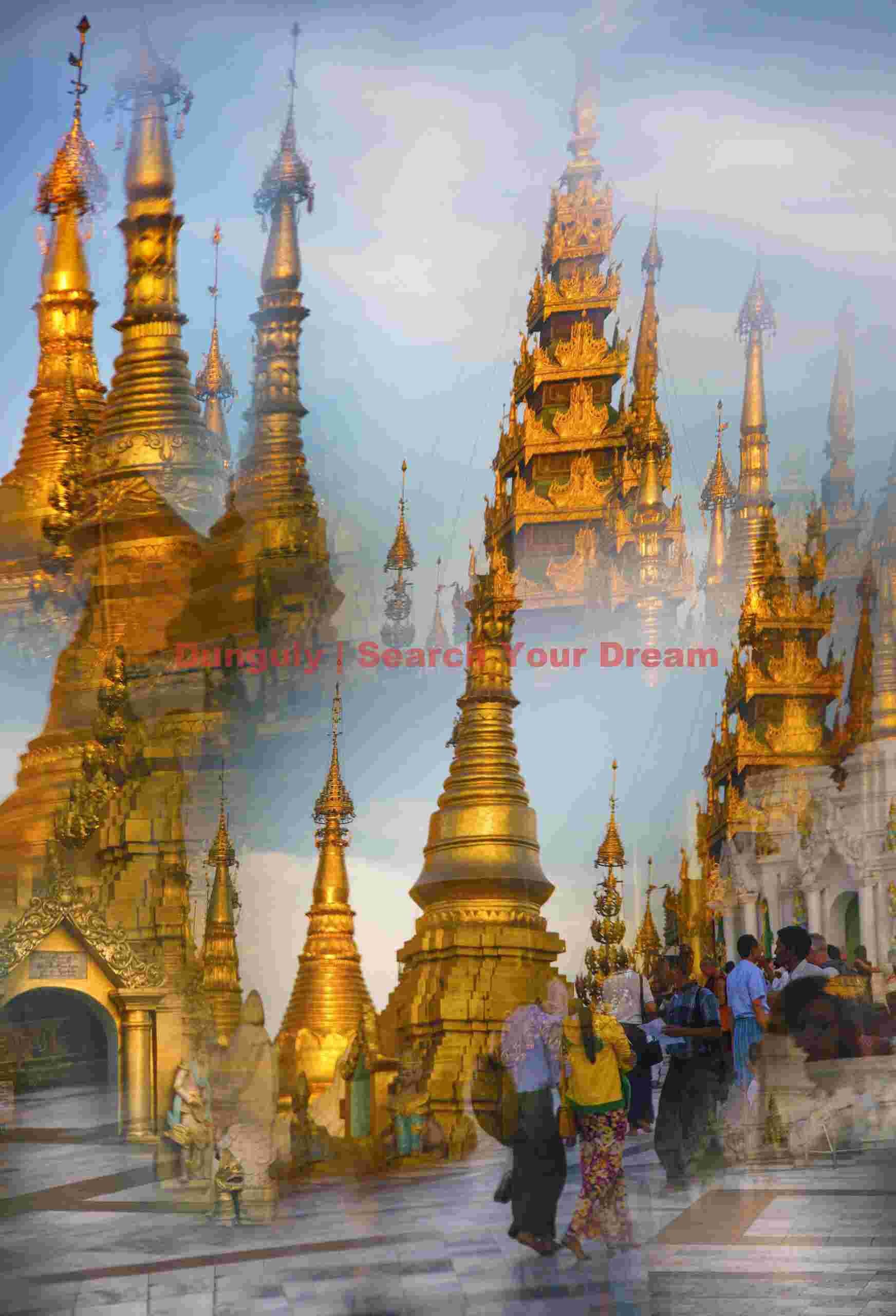 Shwedagon daytime kaleidoscope reflections in mirrored mosaic; Yangon, Burma Shwedagon daytime kaleidoscope reflections in mirrored mosaic
