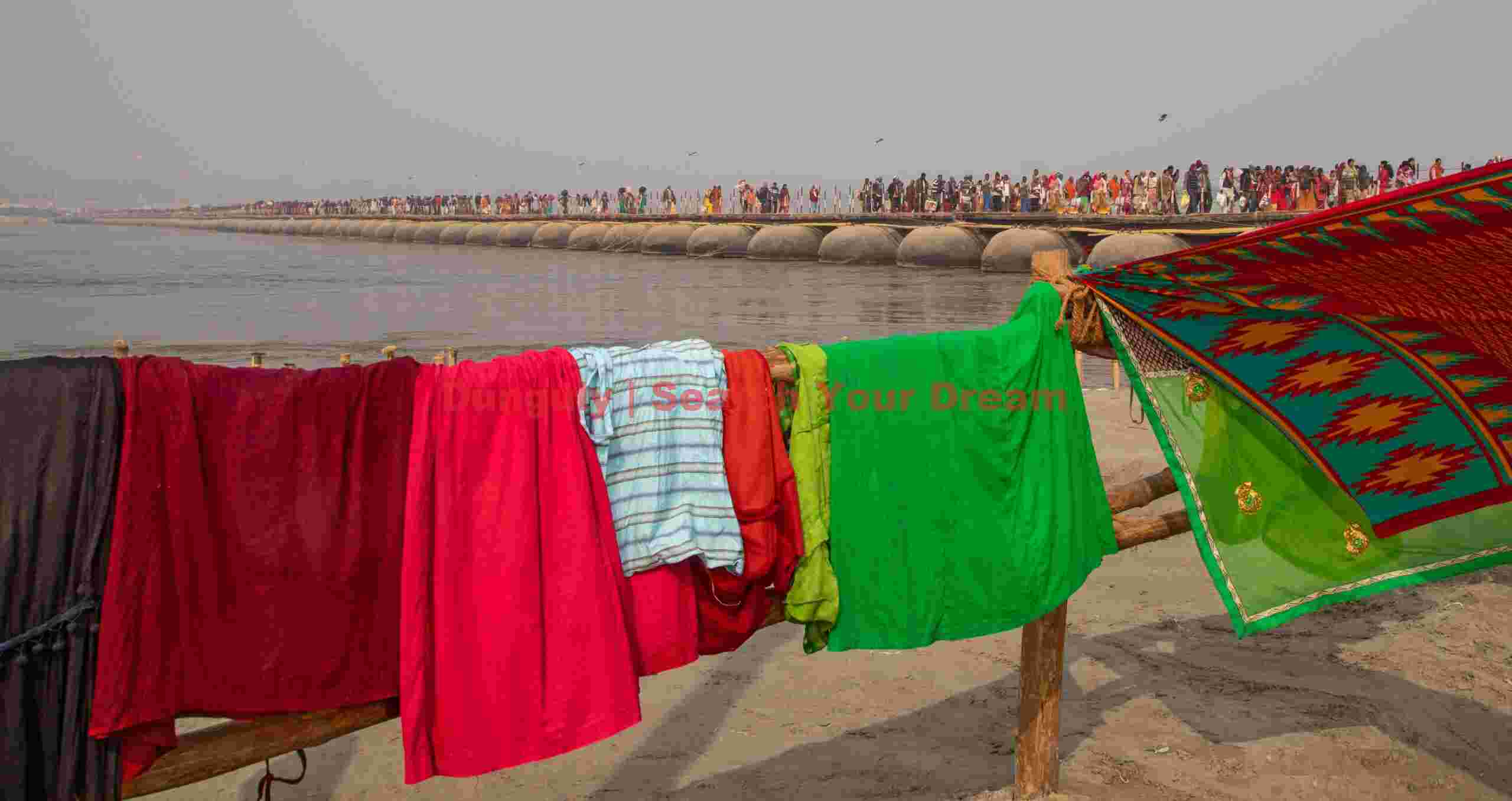 Washing lines before pontoon bridge; Kumbh Mela, Allahbad, India Washing lines before pontoon bridge