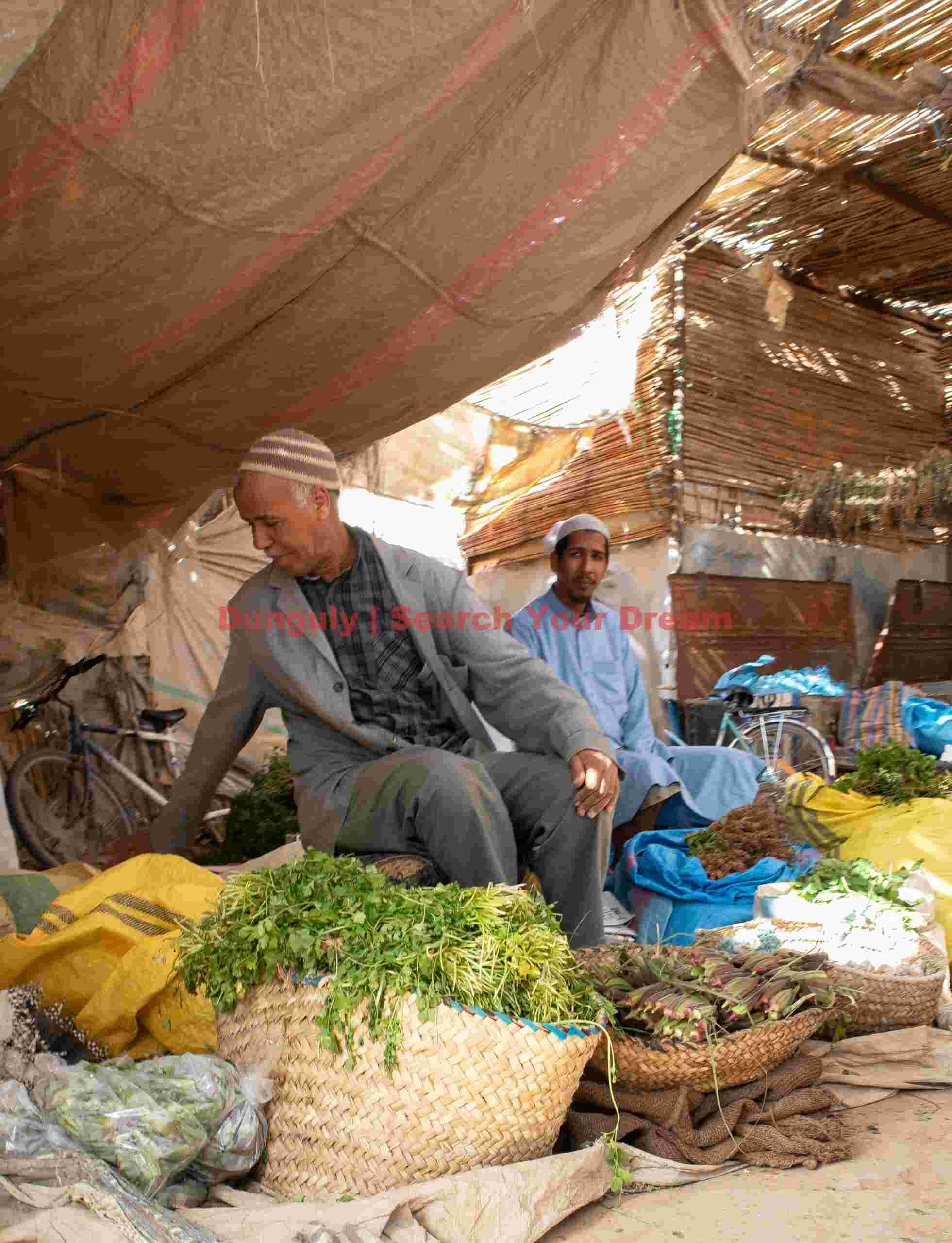 Produce seller under awning; Morocco Produce seller under awning