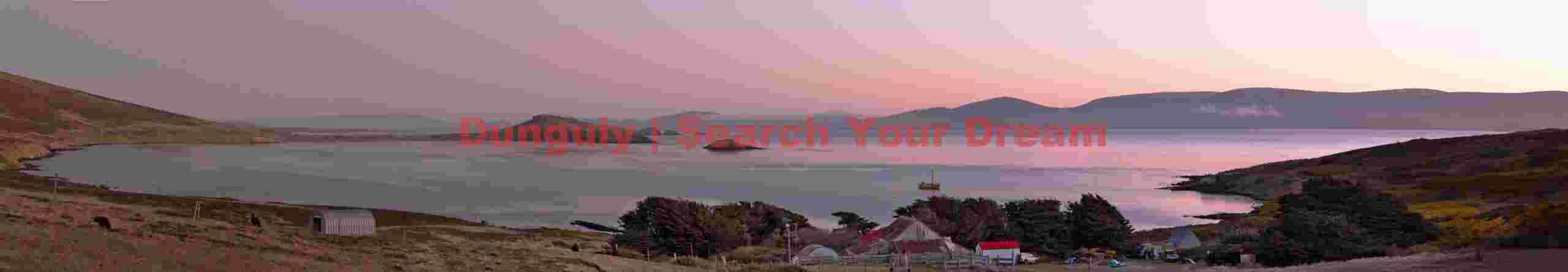 Panoramic view at dusk taken from above the farmhouse; Carcass Island, Falkland Islands Panoramic view at dusk taken from above the farmhouse