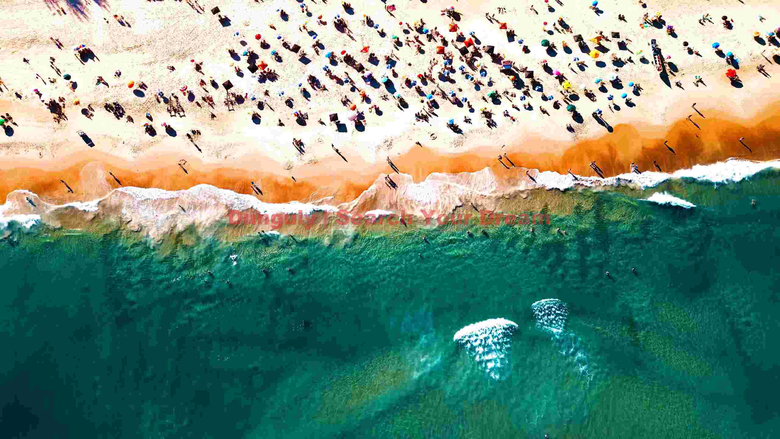 summer day aerial: crowded beach & azure waves summer day aerial: crowded beach & azure waves