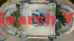 grand aerial view of historic fountain with angelic sculptures
