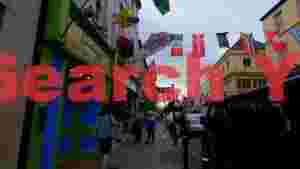 lively european street scene with international flags