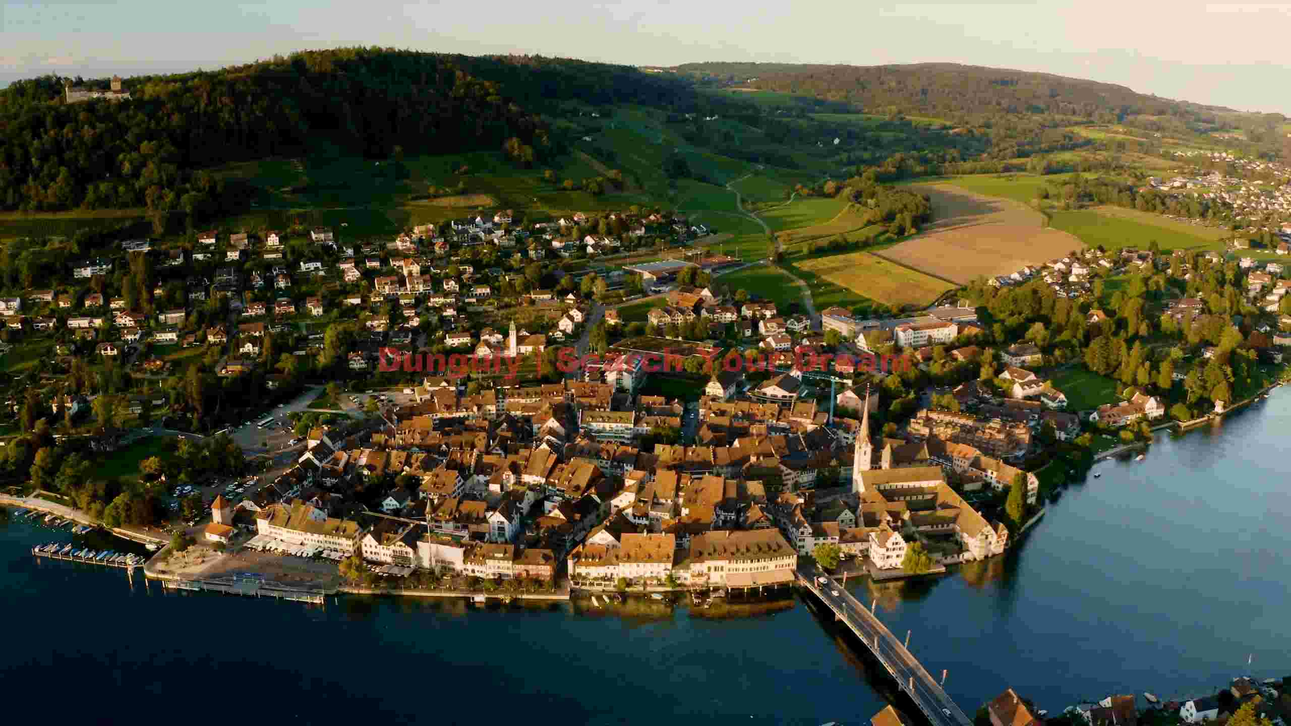 picturesque european riverside town aerial picturesque european riverside town aerial