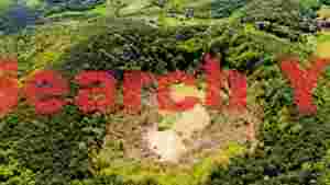 verdant crater aerial view of a forested volcano