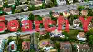 At Home vibrant suburban landscape aerial drone view