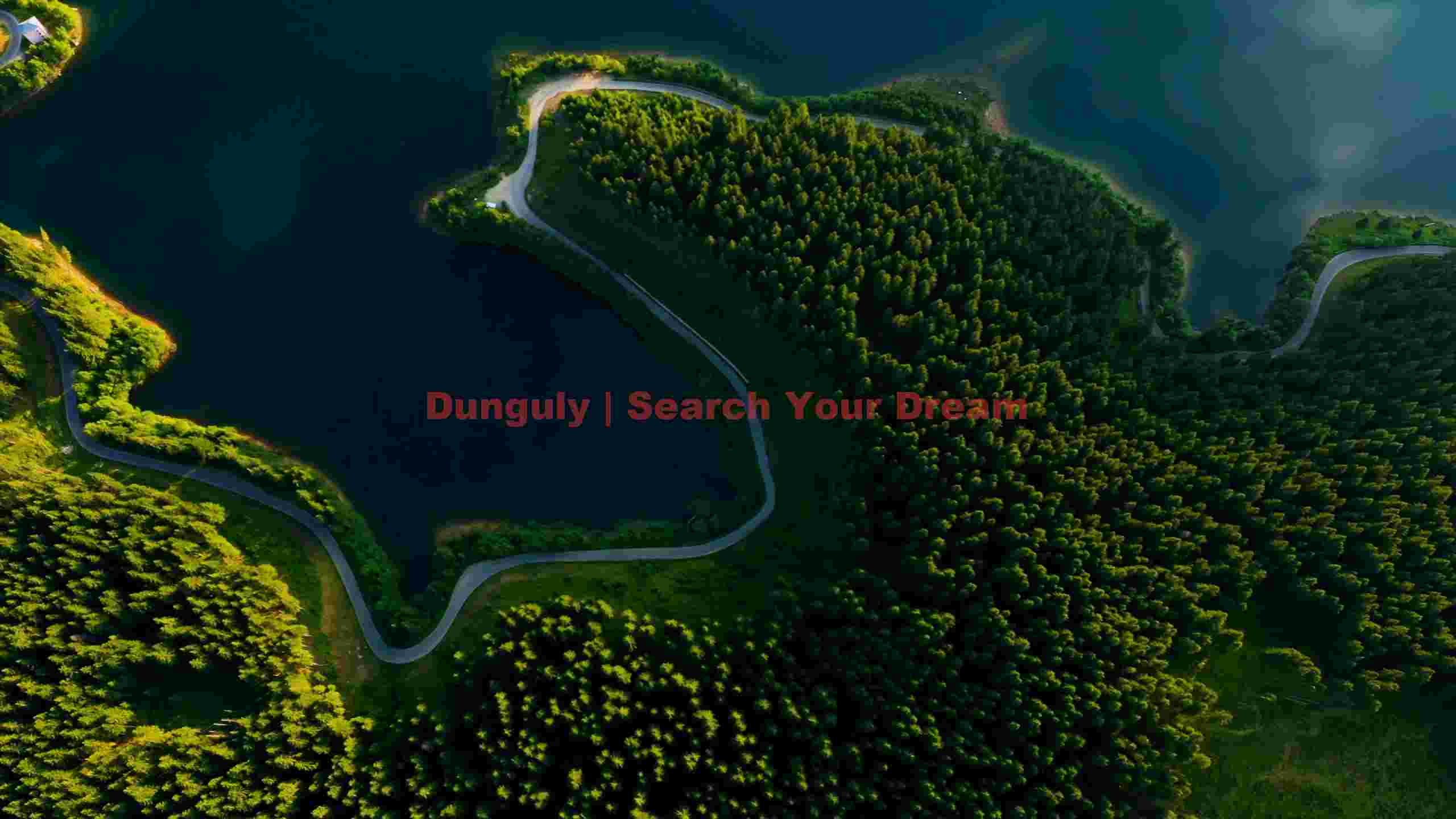 winding road through lush forest and serene lake winding road through lush forest and serene lake