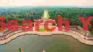 elegant palace and water gardens aerial view