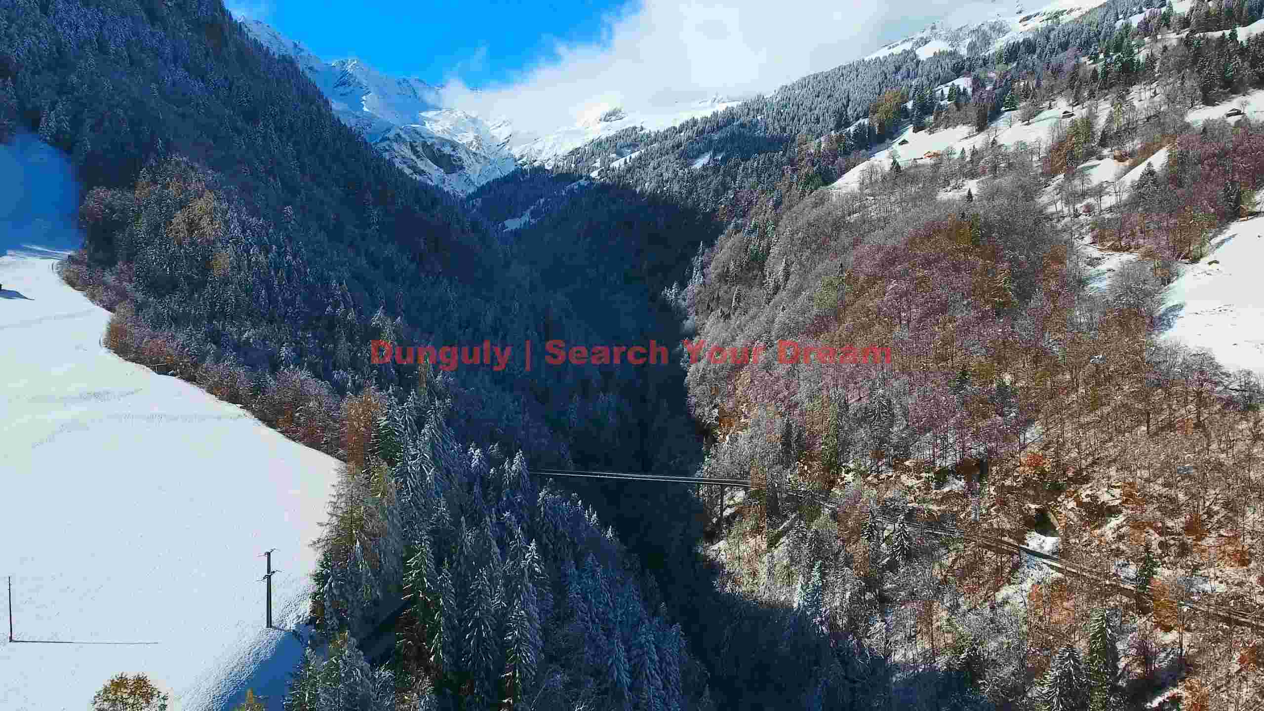 snowy alpine valley with forest and bridge snowy alpine valley with forest and bridge